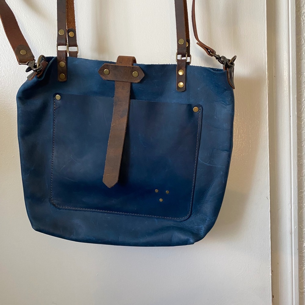 In Blue Leather Handcrafted Asheville Tote Bag Crossbody Bag Handbag Purse Strap